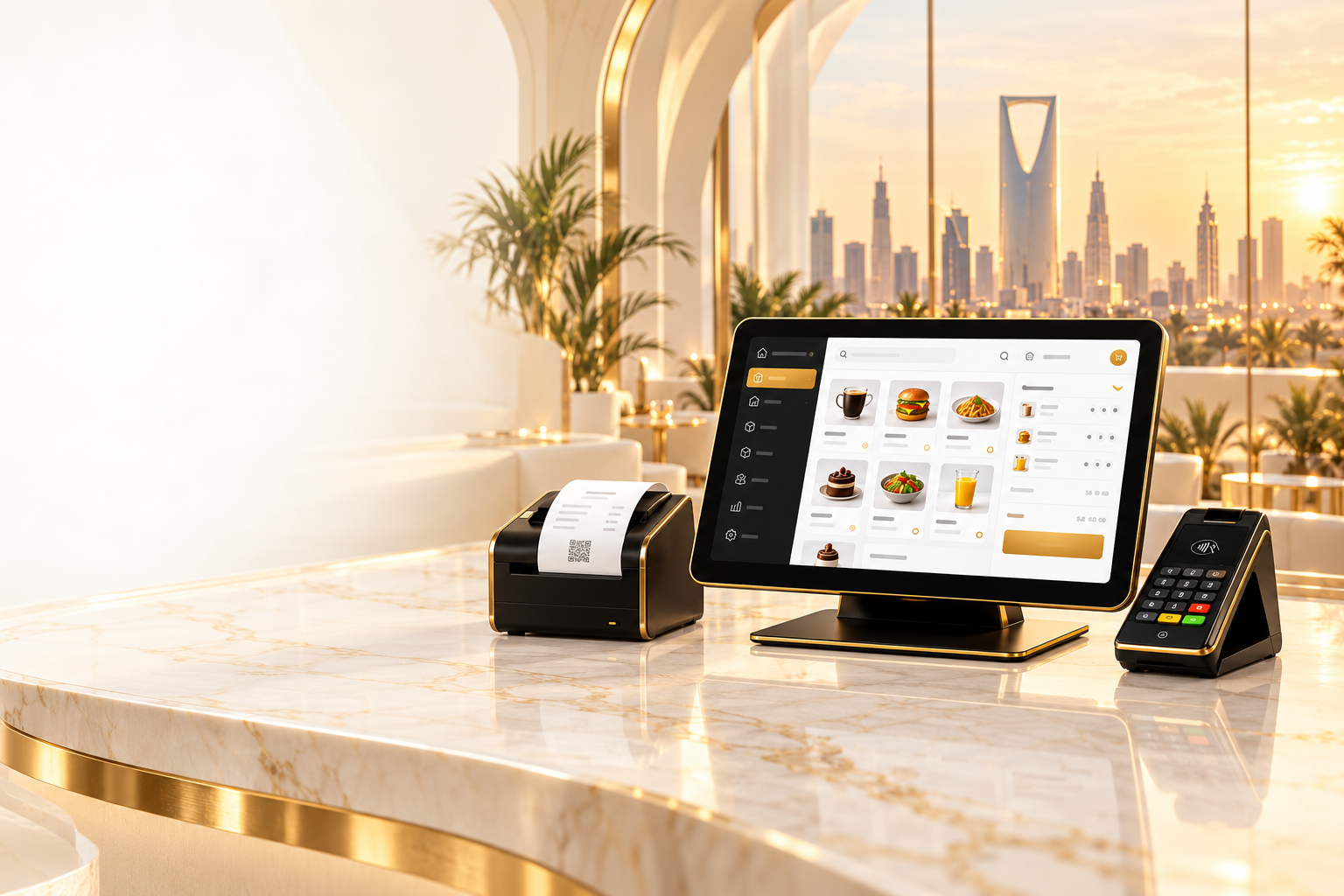 Illustrative POS terminal and receipt printer against a golden Riyadh skyline
